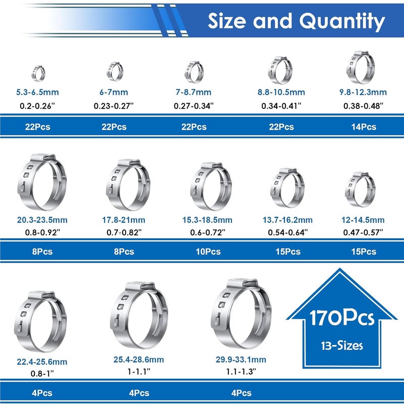 Seept 170Pcs 13 Sizes 304 Stainless Steel Single Ear Hose Clamps 5.3-31.6mm Crimp Hose Clamps Assortment Kit Perfect for Automotive/Home Appliance/Water Pipe and Fuel Line - Image 2